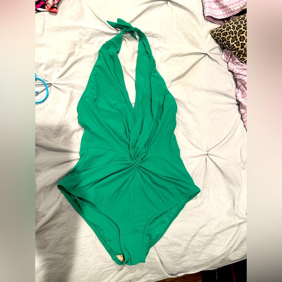 Women’s medium swimwear synched in the middle low cut green one piece - Picture 1 of 3